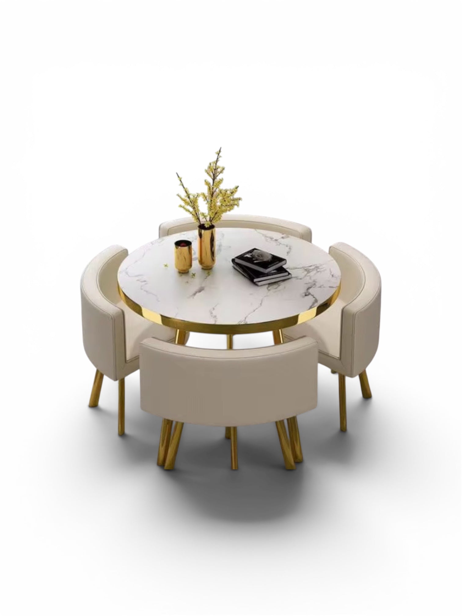 Juego de Comedor Moderno "AeroSpace" - Mesa Redonda de Mármol y 4 Sillas Premium (Diseño Ahorro de Espacio)