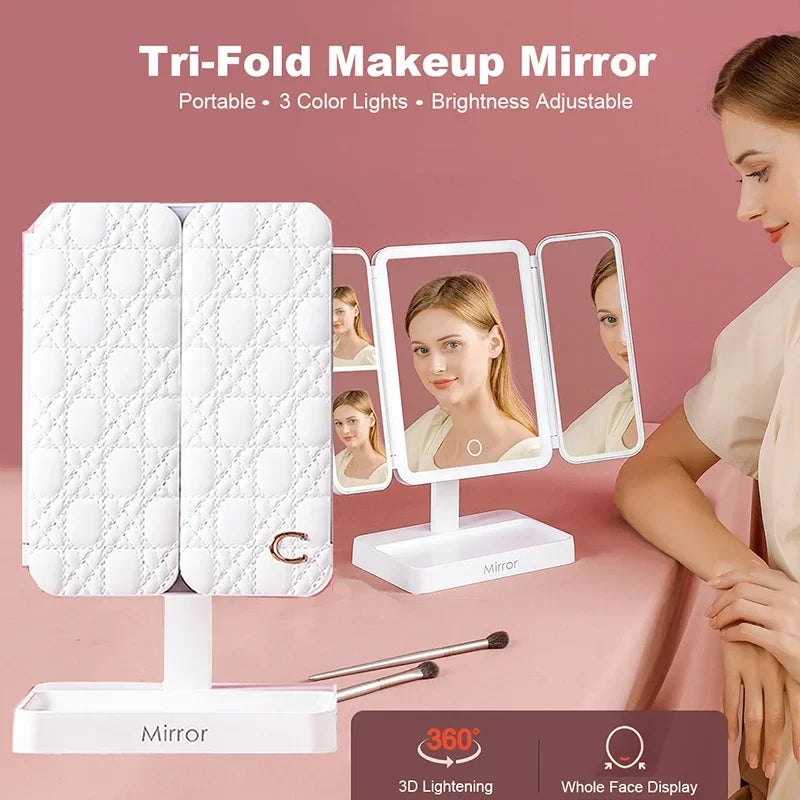 Espejo de Maquillaje con Luz LED y Tres Pliegues | Espejo Plegable de Escritorio