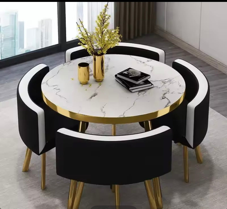 Juego de Comedor Moderno "AeroSpace" - Mesa Redonda de Mármol y 4 Sillas Premium (Diseño Ahorro de Espacio)