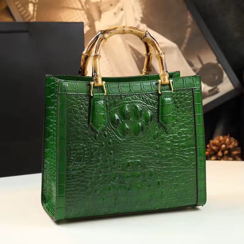 Bolso de mano con asa de bambú verde para mujer, bolso de hombro de diseño vintage con herrajes dorados, elegante bolso con asa superior para fiesta