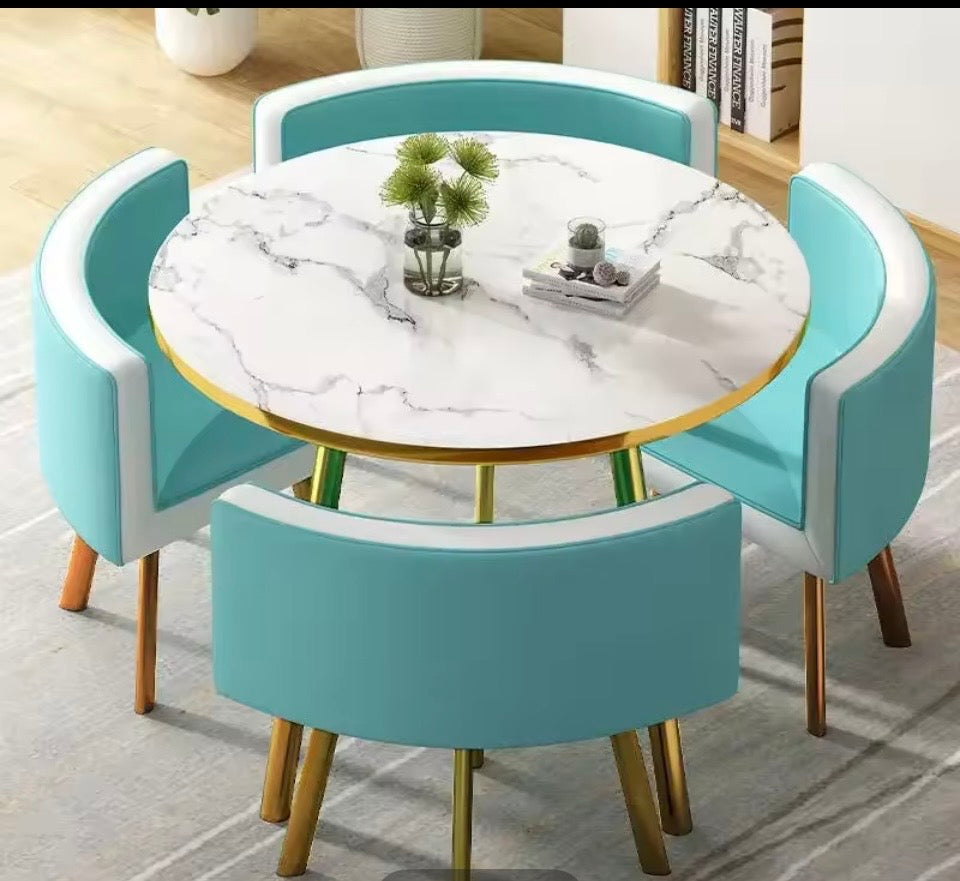 Juego de Comedor Moderno "AeroSpace" - Mesa Redonda de Mármol y 4 Sillas Premium (Diseño Ahorro de Espacio)