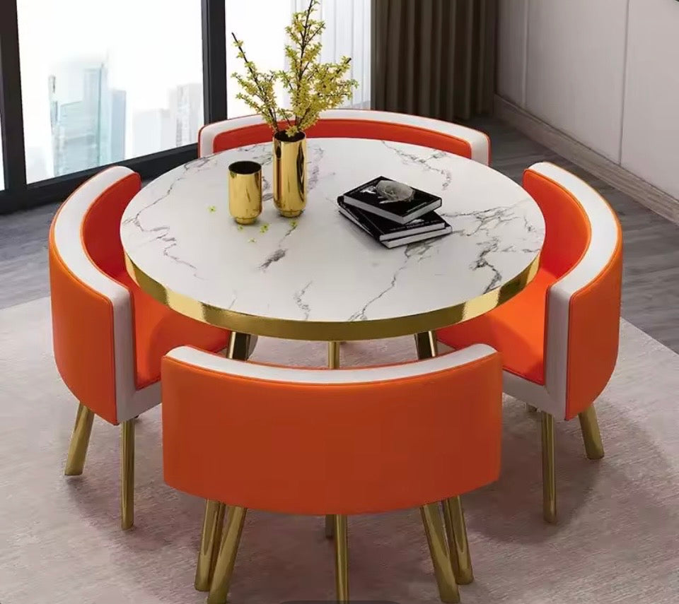 Juego de Comedor Moderno "AeroSpace" - Mesa Redonda de Mármol y 4 Sillas Premium (Diseño Ahorro de Espacio)