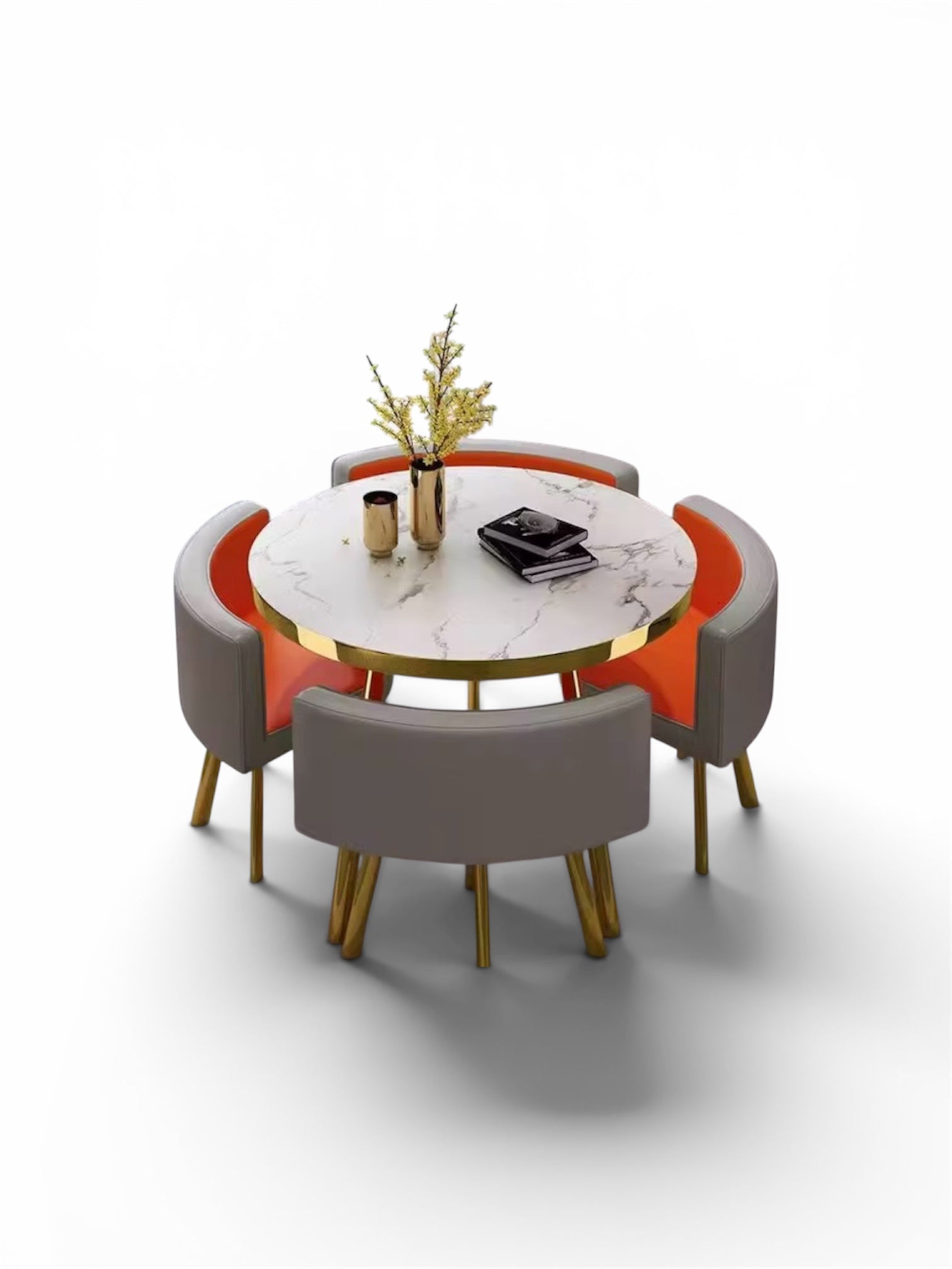 Juego de Comedor Moderno "AeroSpace" - Mesa Redonda de Mármol y 4 Sillas Premium (Diseño Ahorro de Espacio)