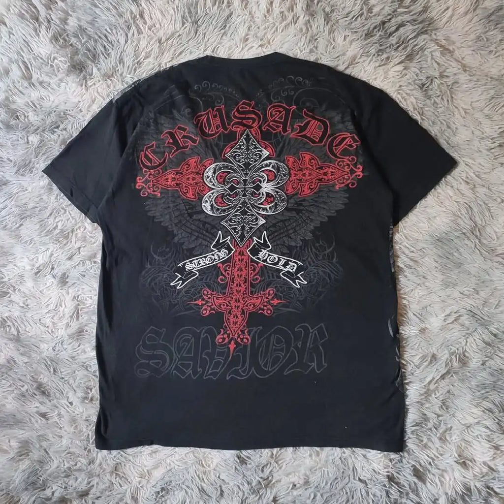Camiseta Estilo Gótico Grunge Y2K – Estampado 3D Urbano con Calaveras y Cruces