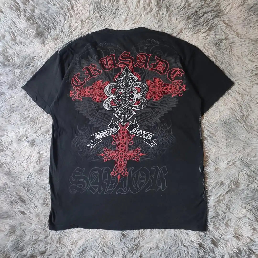 Camiseta Estilo Gótico Grunge Y2K – Estampado 3D Urbano con Calaveras y Cruces