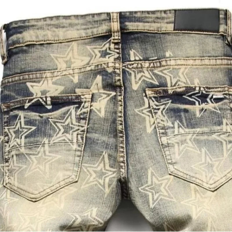 Jeans Slim Fit Estilo High Street con Lavado Retro y Estrellas