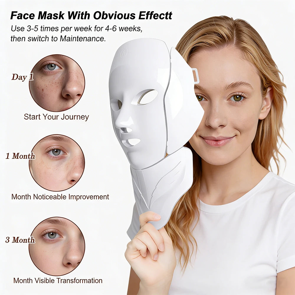 Máscara LED Facial y de Cuello Inalámbrica con 7 Colores de Fototerapia para Rejuvenecimiento y Antienvejecimiento