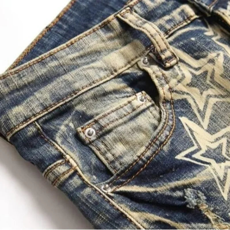 Jeans Slim Fit Estilo High Street con Lavado Retro y Estrellas