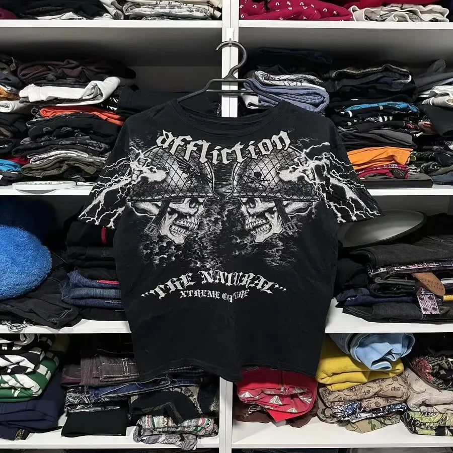 Camiseta Estilo Gótico Grunge Y2K – Estampado 3D Urbano con Calaveras y Cruces