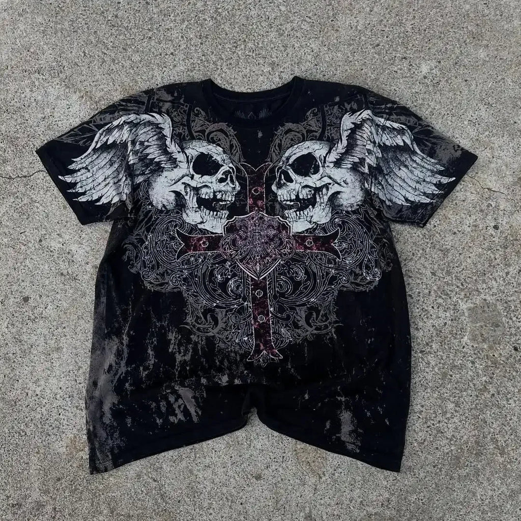 Camiseta Estilo Gótico Grunge Y2K – Estampado 3D Urbano con Calaveras y Cruces