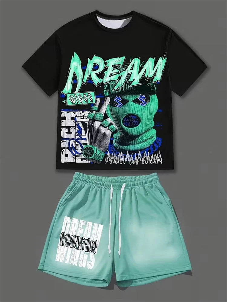Conjunto Streetwear Gráfico Dos Piezas – Camiseta y Shorts de Verano