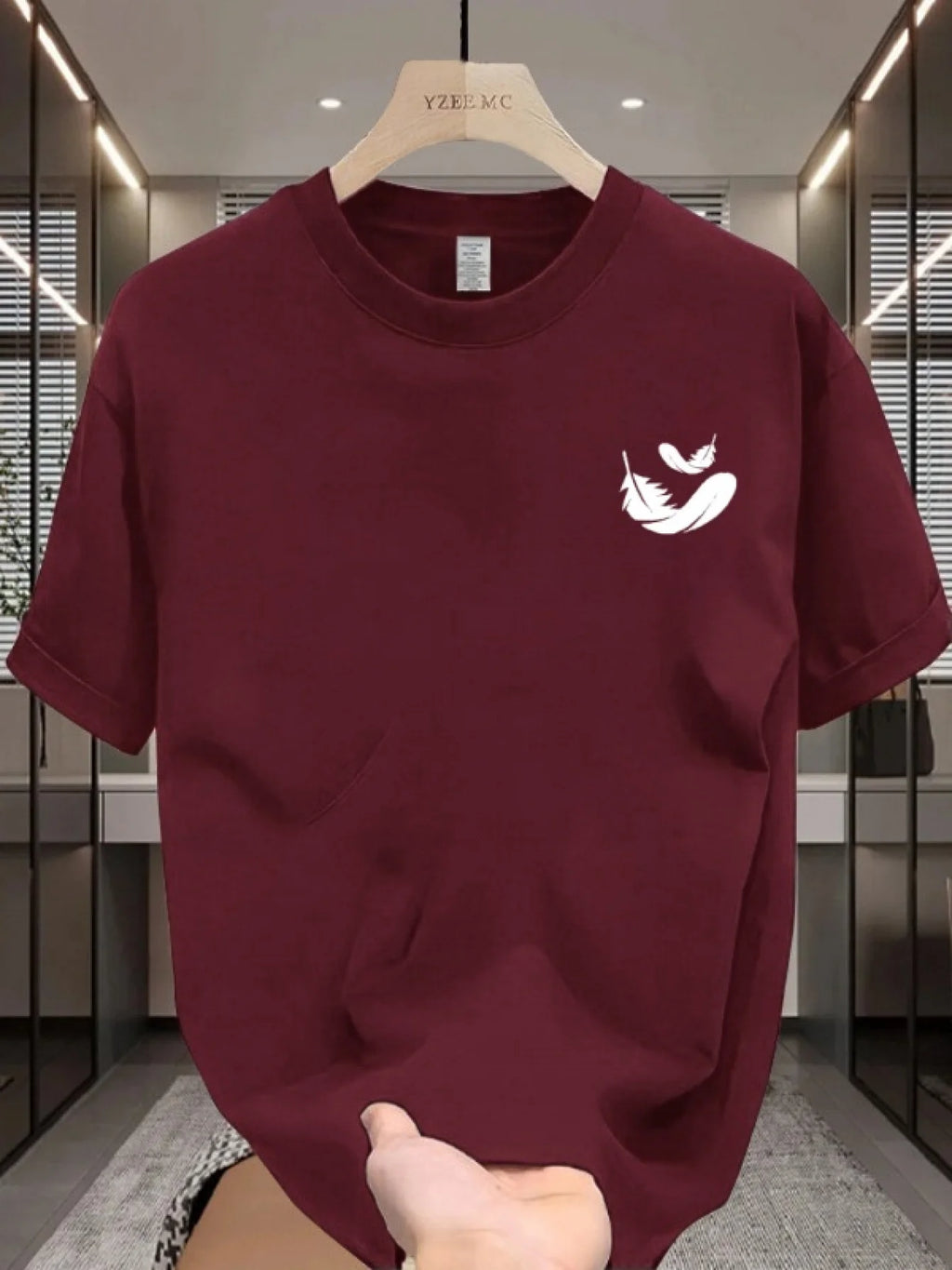 Camiseta Hombre 100% Algodón Casual - Estampado Pluma, Ajuste Holgado, Transpirable