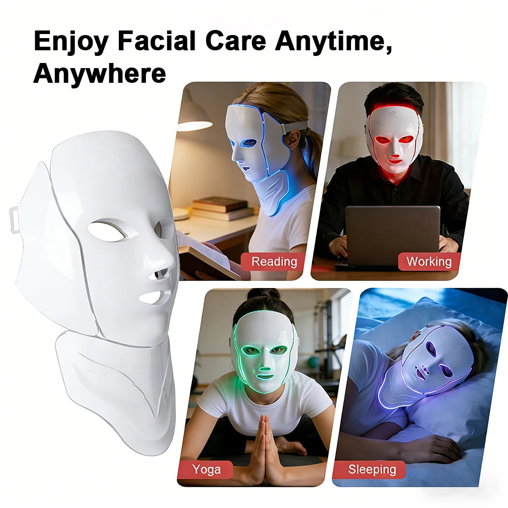 Máscara LED Facial y de Cuello Inalámbrica con 7 Colores de Fototerapia para Rejuvenecimiento y Antienvejecimiento