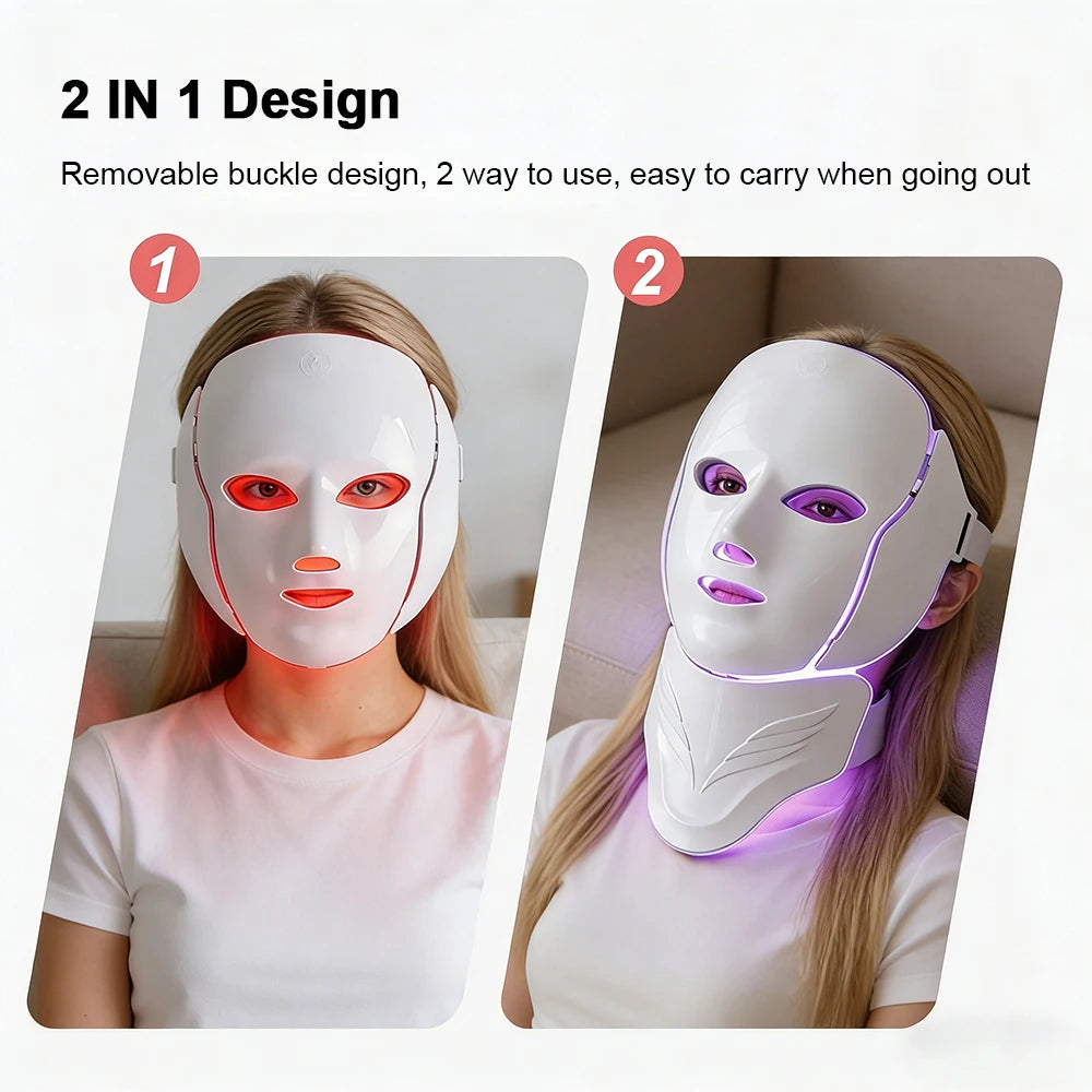 Máscara LED Facial y de Cuello Inalámbrica con 7 Colores de Fototerapia para Rejuvenecimiento y Antienvejecimiento