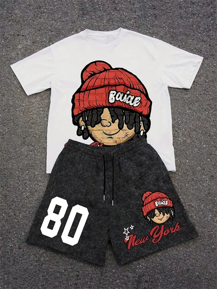 Conjunto Streetwear Gráfico Dos Piezas – Camiseta y Shorts de Verano