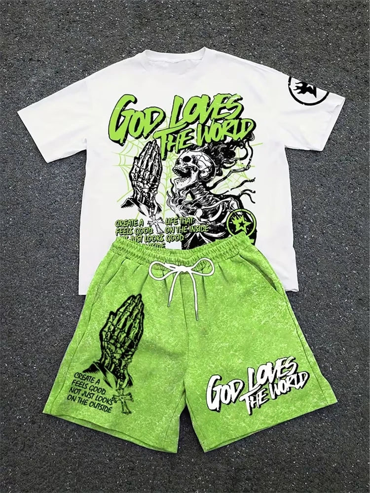 Conjunto Streetwear Gráfico Dos Piezas – Camiseta y Shorts de Verano