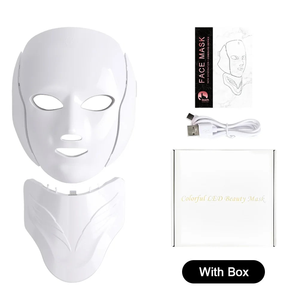 Máscara LED Facial y de Cuello Inalámbrica con 7 Colores de Fototerapia para Rejuvenecimiento y Antienvejecimiento