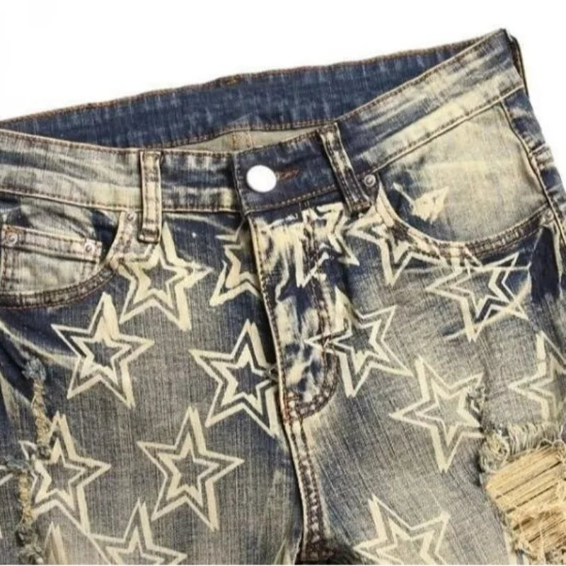 Jeans Slim Fit Estilo High Street con Lavado Retro y Estrellas