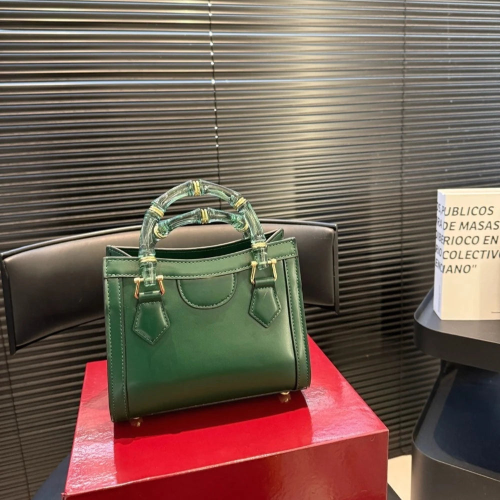Bolso de mano con asa de bambú verde para mujer, bolso de hombro de diseño vintage con herrajes dorados, elegante bolso con asa superior para fiesta