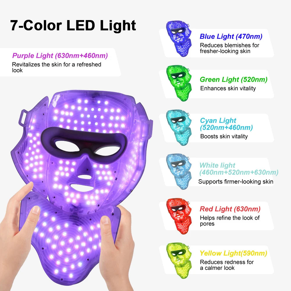 Máscara LED Facial y de Cuello Inalámbrica con 7 Colores de Fototerapia para Rejuvenecimiento y Antienvejecimiento