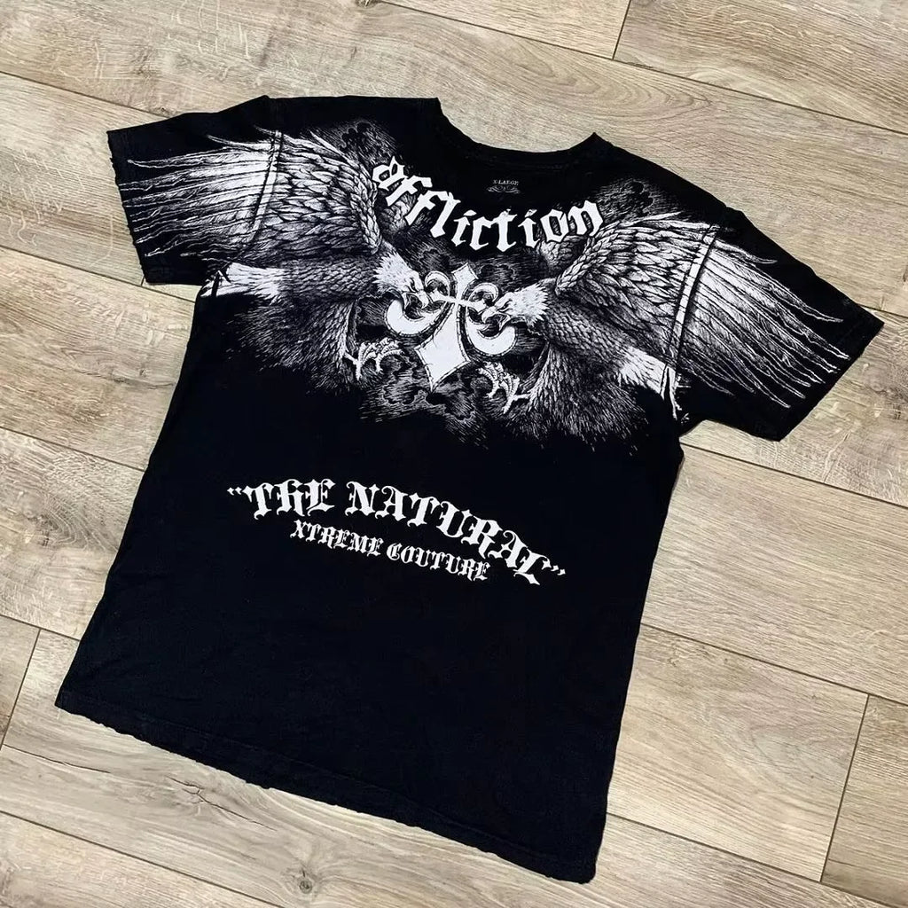 Camiseta Estilo Gótico Grunge Y2K – Estampado 3D Urbano con Calaveras y Cruces