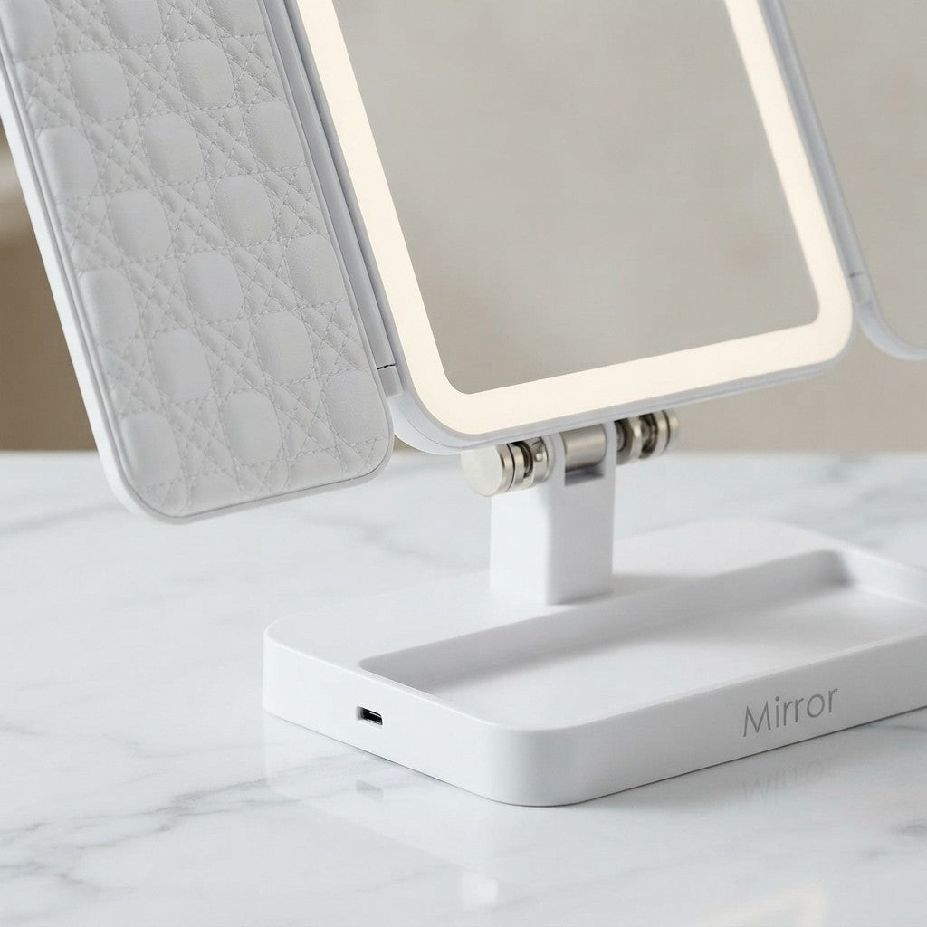 Espejo de Maquillaje con Luz LED y Tres Pliegues | Espejo Plegable de Escritorio