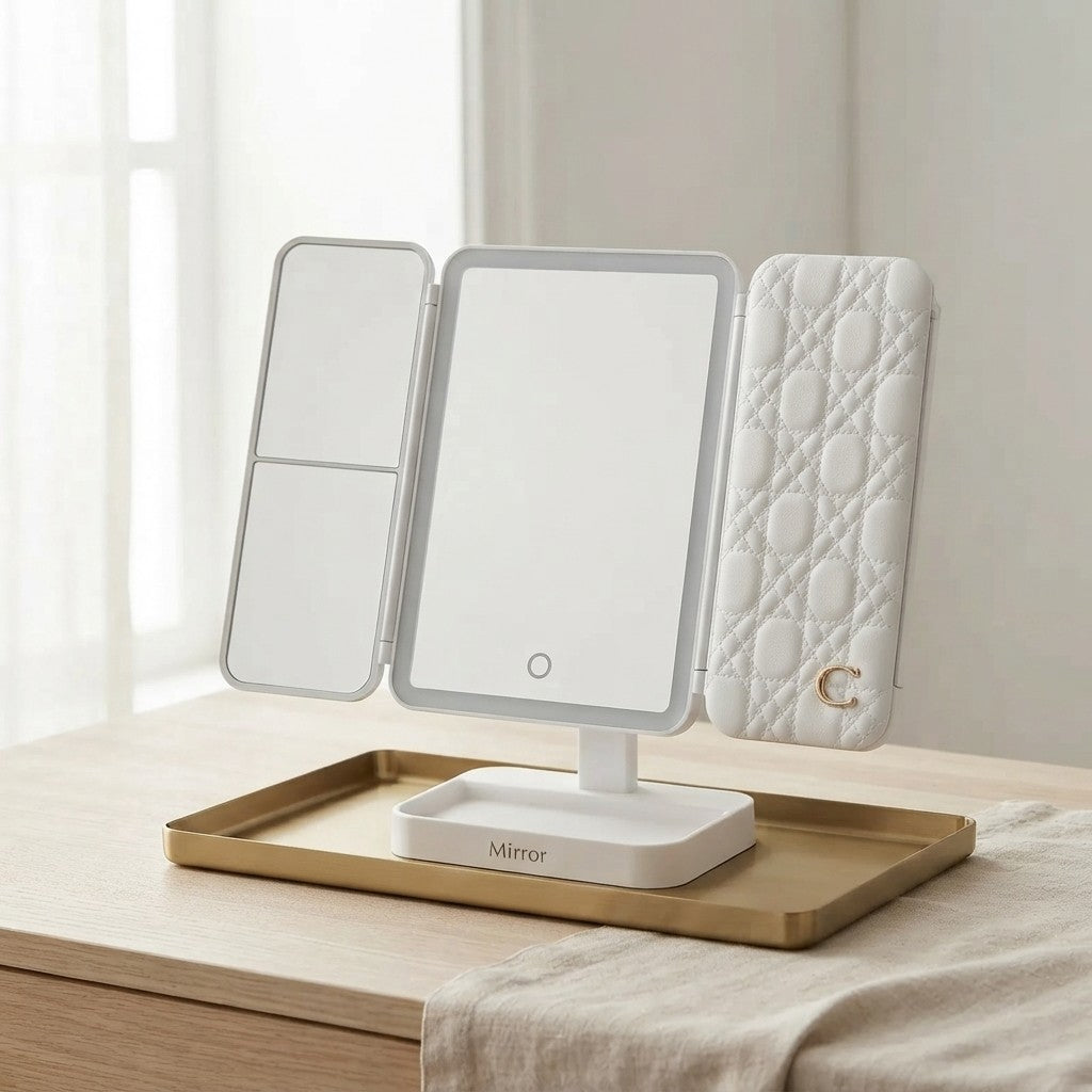 Espejo de Maquillaje con Luz LED y Tres Pliegues | Espejo Plegable de Escritorio