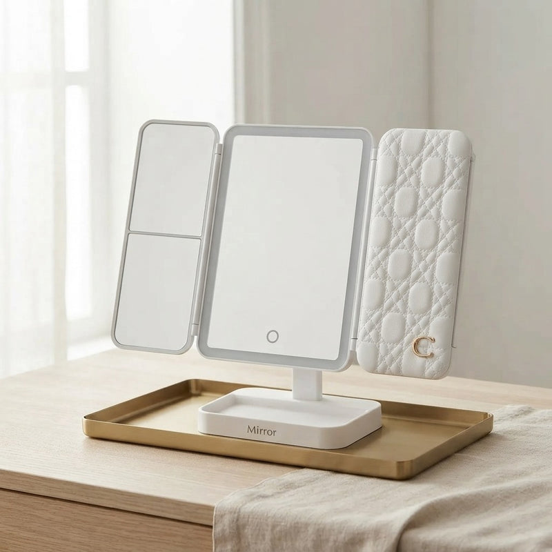 Espejo de Maquillaje con Luz LED y Tres Pliegues | Espejo Plegable de Escritorio