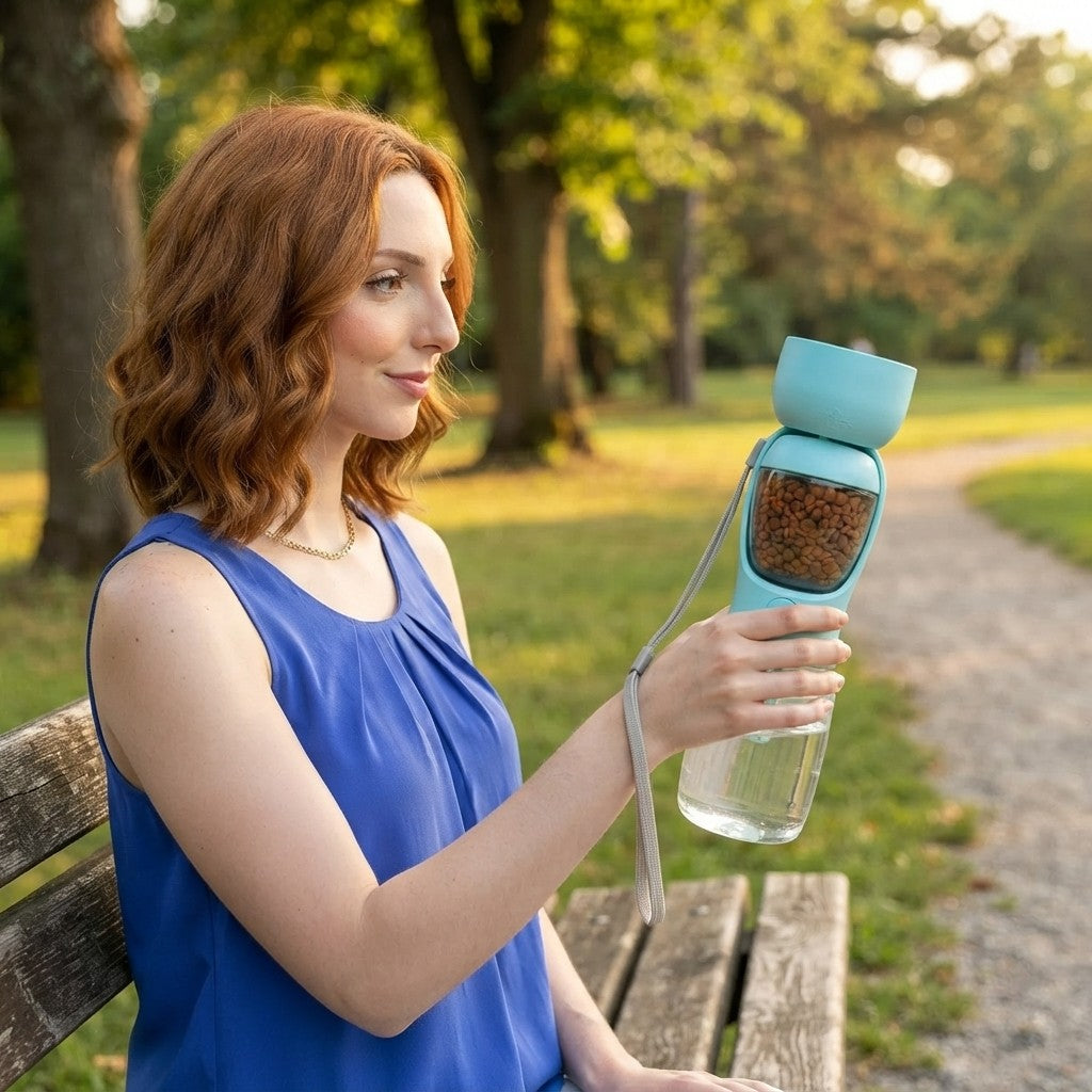 Botella de Agua y Comedero Portátil 2 en 1 para Perros - Dispensador Antiderrames con Compartimento para Comida