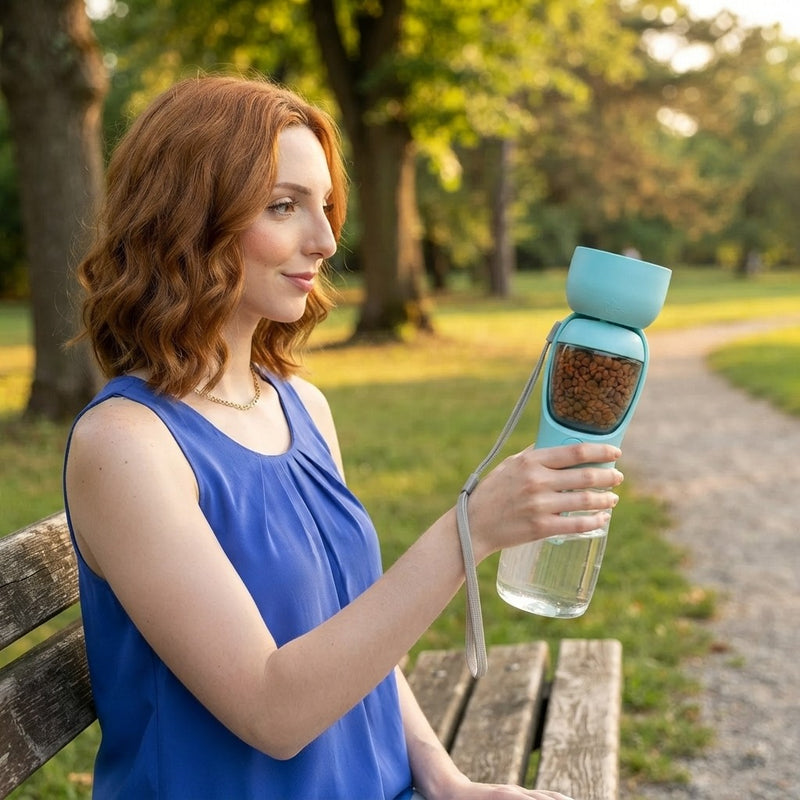 Botella de Agua y Comedero Portátil 2 en 1 para Perros - Dispensador Antiderrames con Compartimento para Comida