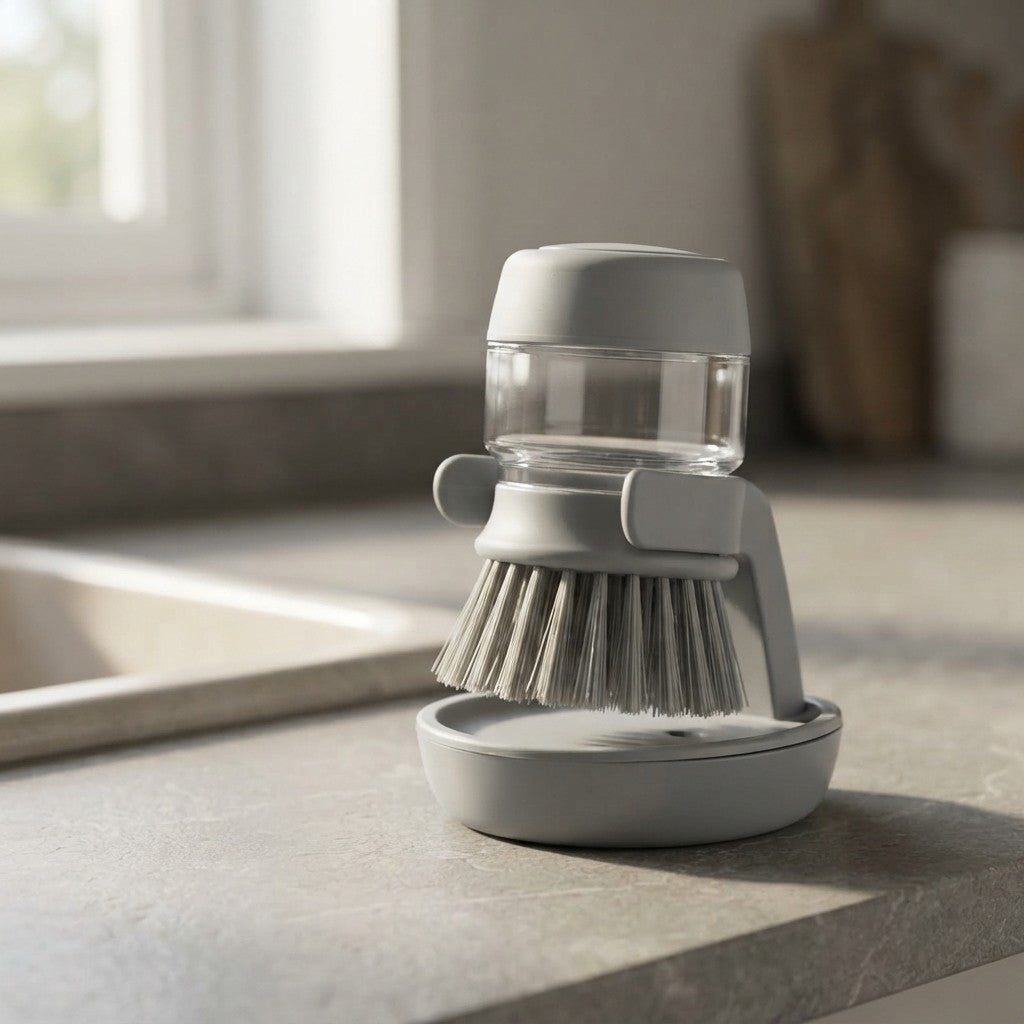 Cepillo Fregaplatos Ergonómico con Dosificador de Jabón y Base de Escurrimiento